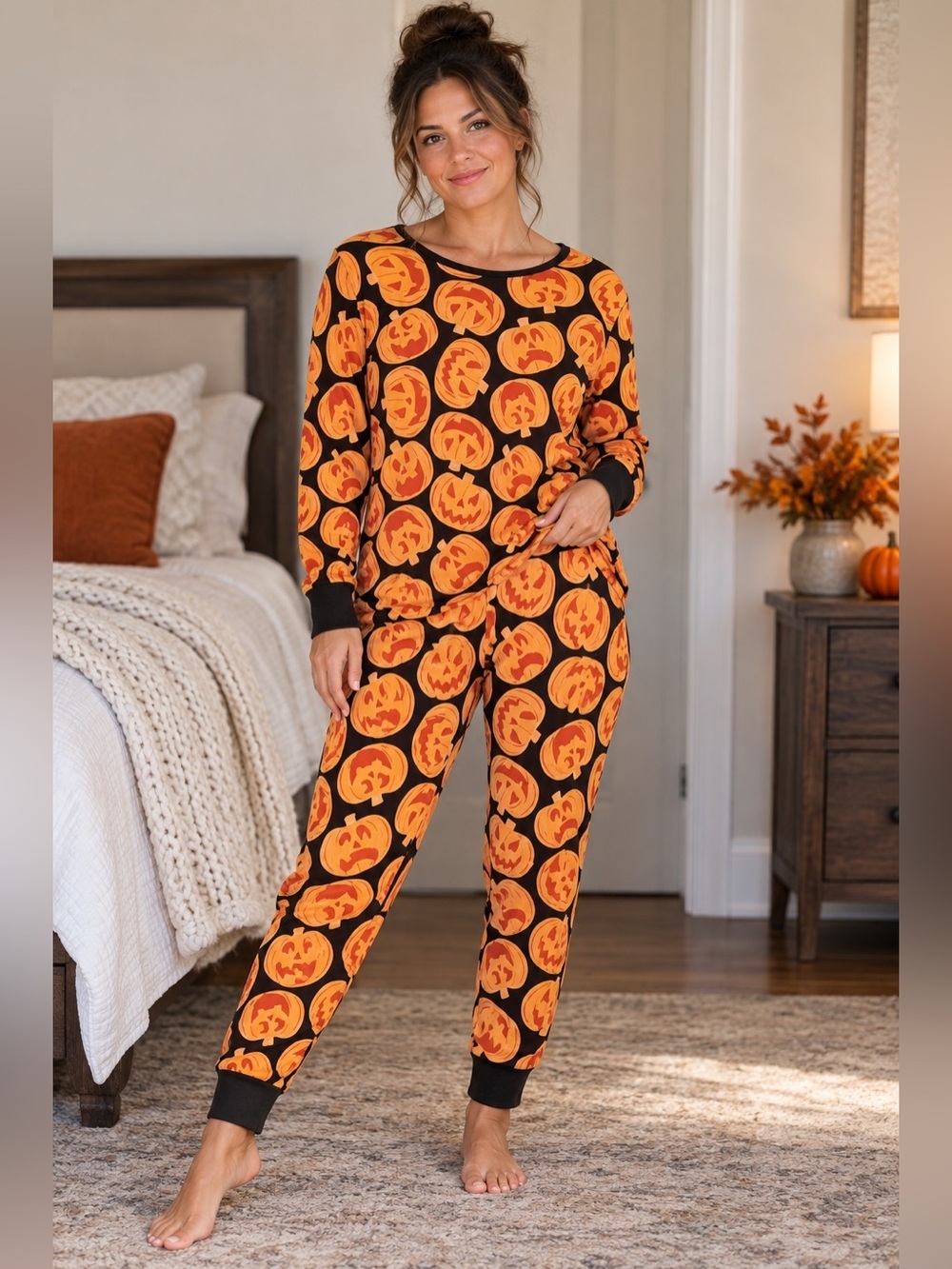 Women XXL Halloween Pajamas Set Pumpkin Jack-o-lantern PJs Fitted Fun Fall
